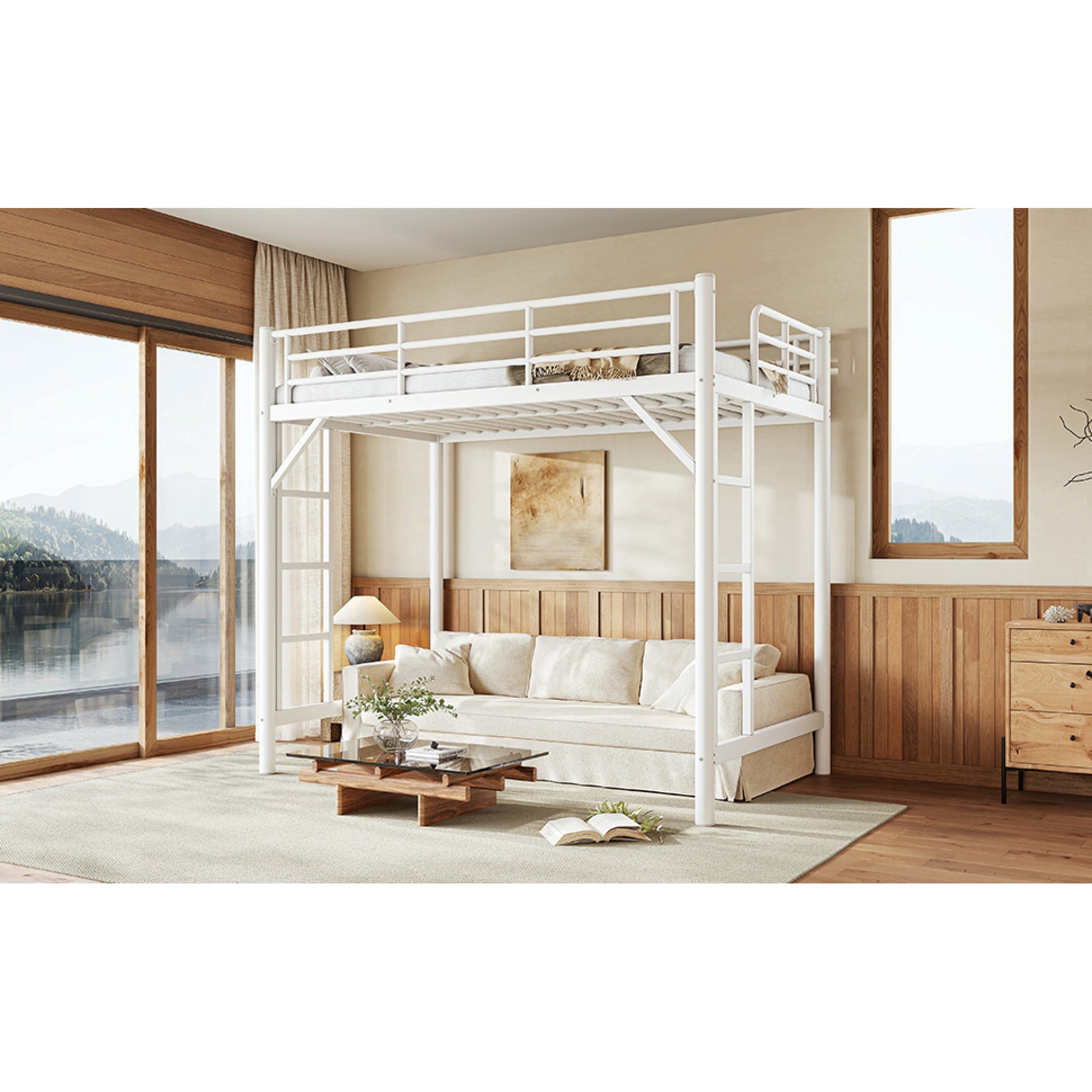 variant-group:rf-w1580p455012|Roomfitters Twin Size Metal Loft Bed Frame with Guardrails, Heavy Duty Space Saving High Loft Bed Dual Ladders, White