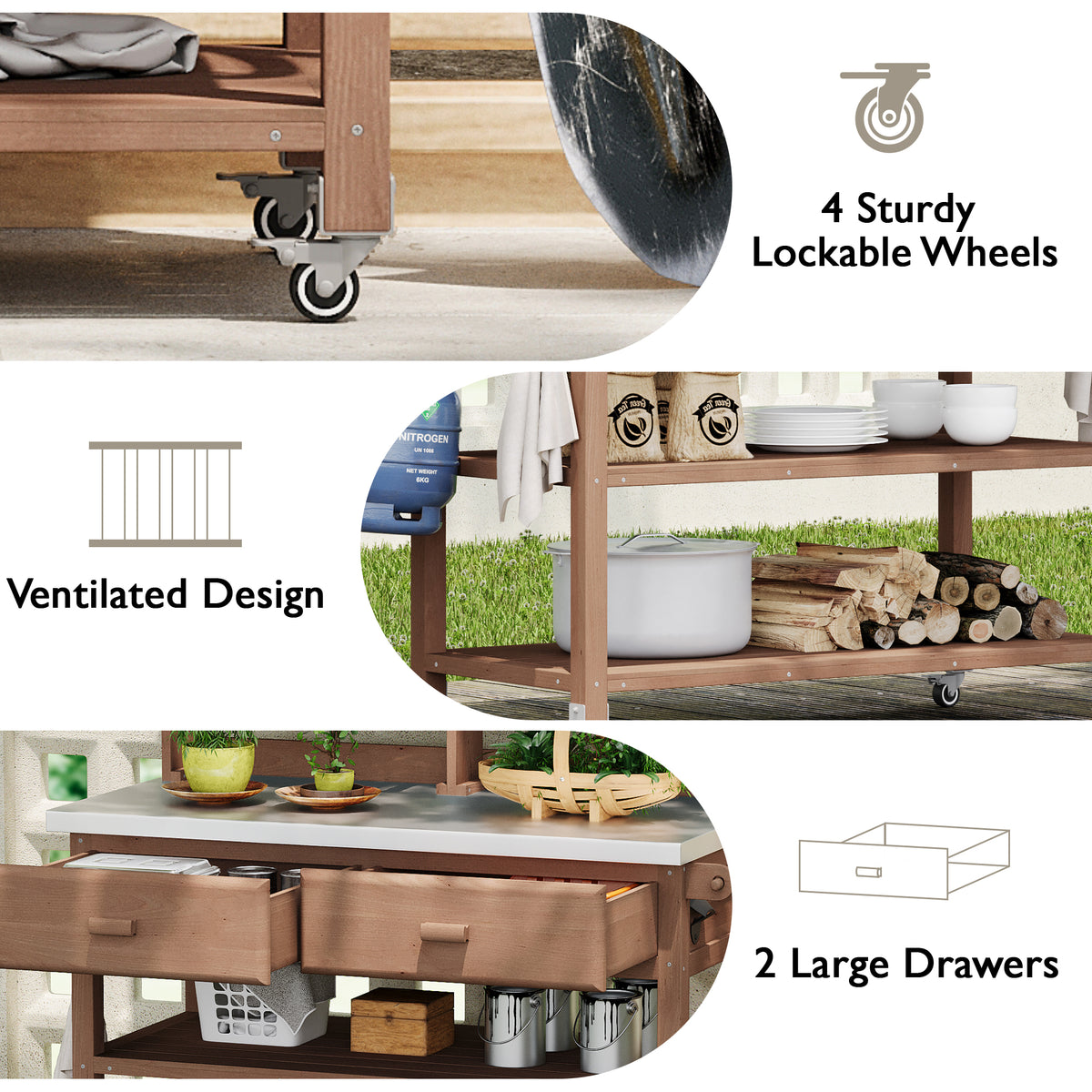 variant-group:rf-n707p228274z|Roomfitters 64.9" Outdoor Potting Bench Table, Rolling Kitchen Island with Hutch, Stainless Steel Top, Storage, Brown