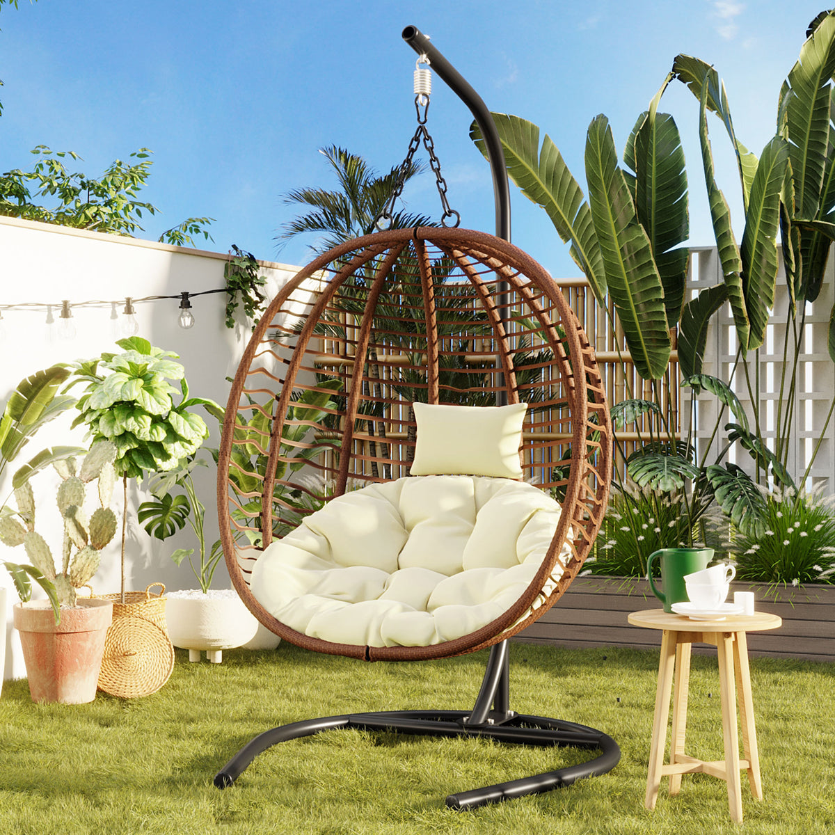 variant-group:rf-n711p389503k|Roomfitters Single Person Folding Egg Chair with Stand, UV Resistant Wicker Rattan Swing for Patio, Garden, Brown+Beige