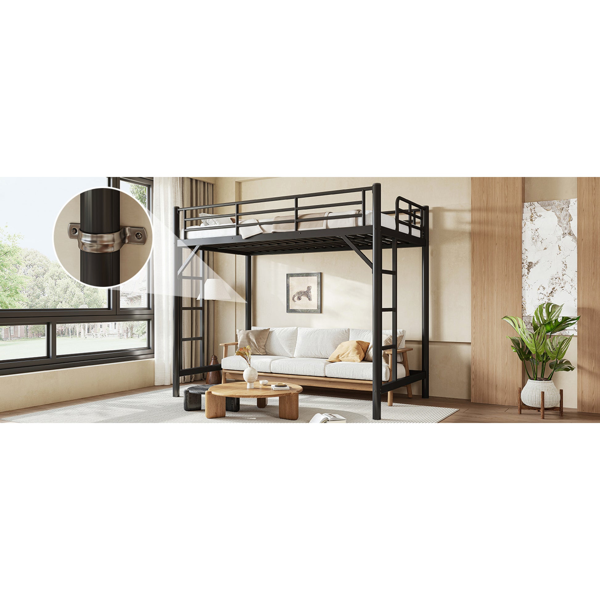 variant-group:rf-w1580p455013|Roomfitters Twin XL Size Metal Loft Bed Frame with Guardrails, Heavy Duty Space Saving High Loft Bed Dual Ladders, Black