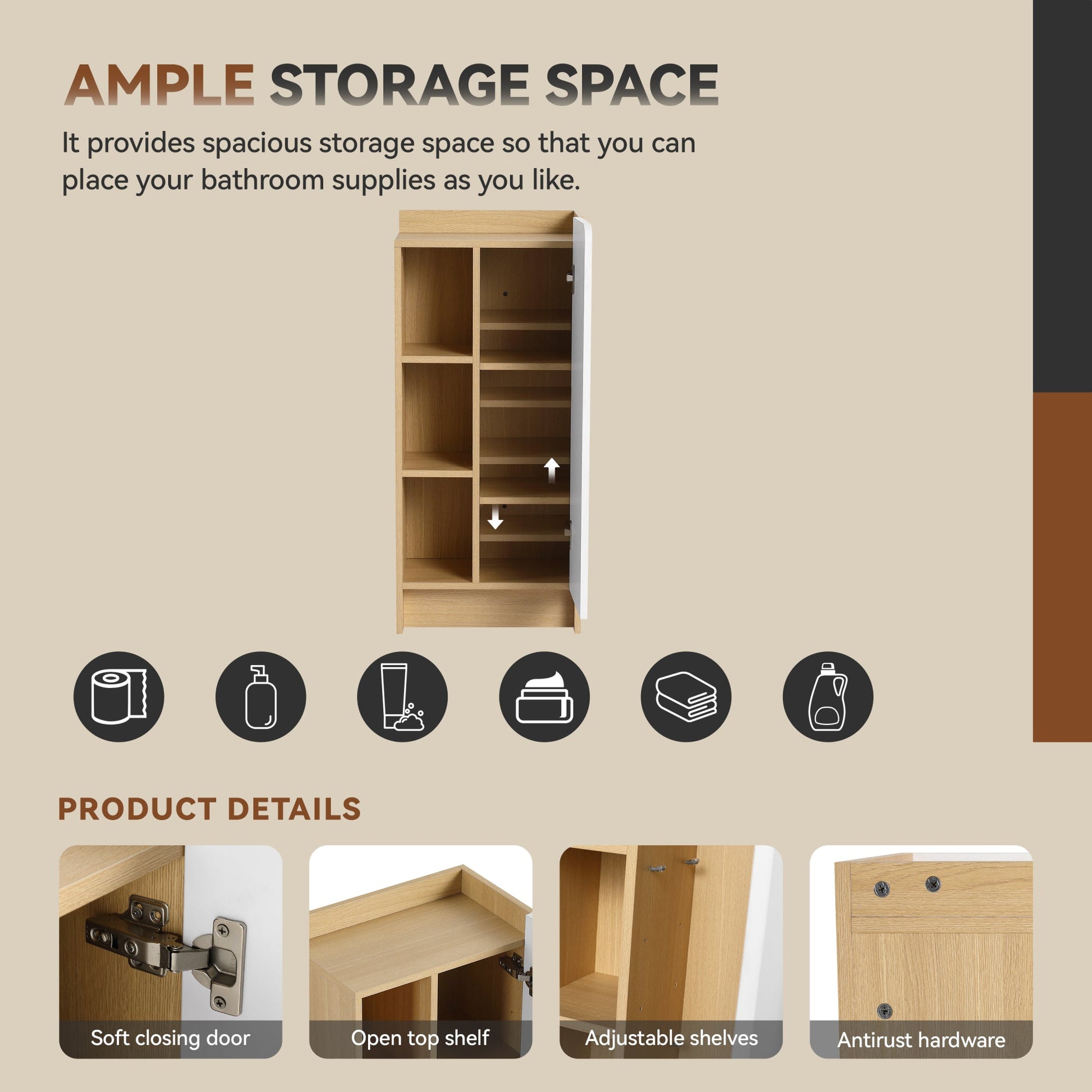 16" Medium Light Oak Freestanding Bathroom Side Cabinet, Narrow Storage Cabinet with Single Door & 3-Tier Open Shelves, KD (Ready-to-Assemble), Dual-Color Door Panels (White & Black), Plywood Construc Roomfitters