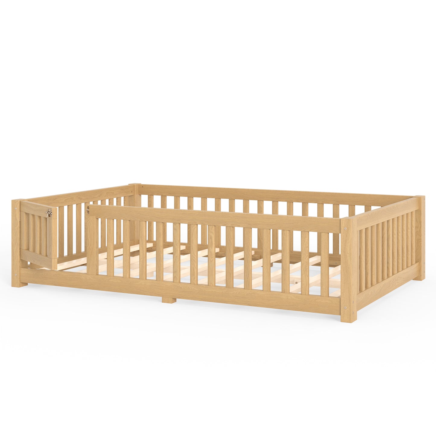 variant-group:rf-w1580p462323|Roomfitters Full Size Wooden Floor Bed Frame with Safety Guardrails Door, Solid Wood Low Profile Toddler Play Bed, Natural