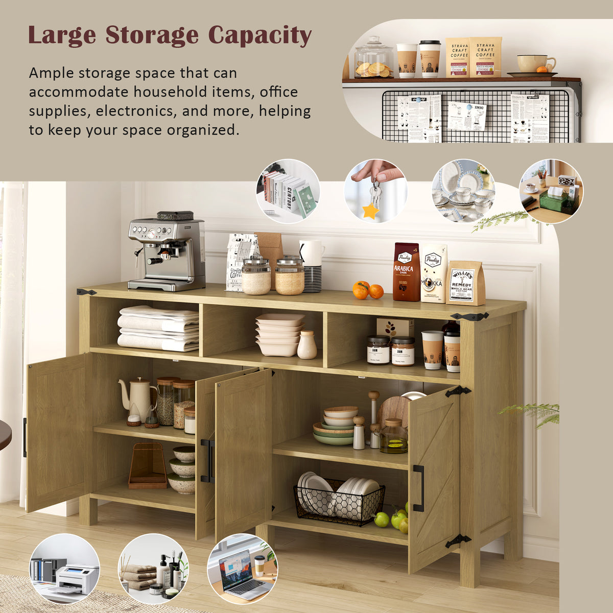 variant-group:rf-n711p347407o|Roomfitters 59" Sideboard Buffet Cabinet with 4 Door & Open Storage, Modern Farmhouse Industrial Coffee Bar Station, Natural