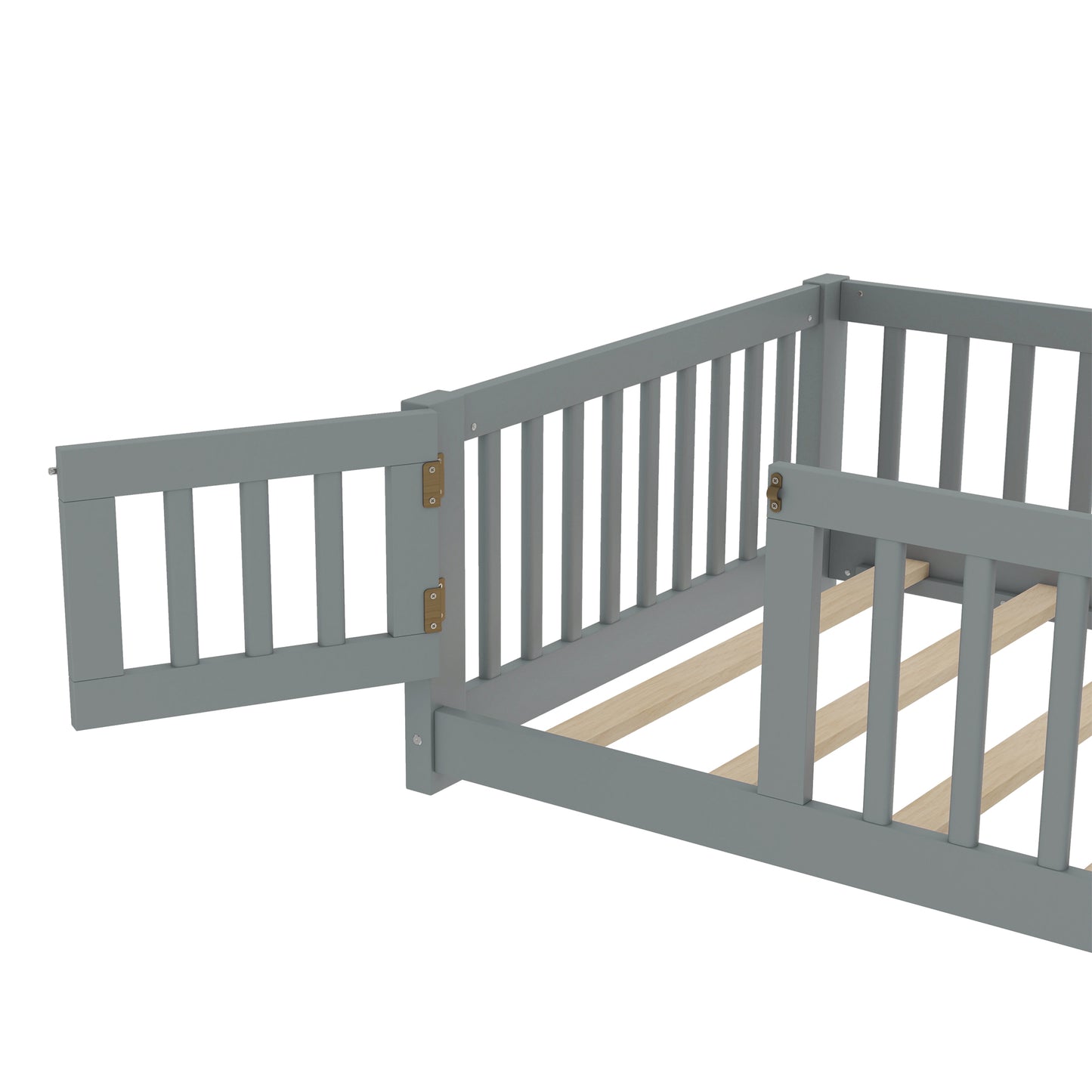 variant-group:rf-w1580p338948|Roomfitters Wooden Twin Floor Bed Frame with Door & Safety Guardrails, Low Platform Design for Bedroom or Playroom, Gray