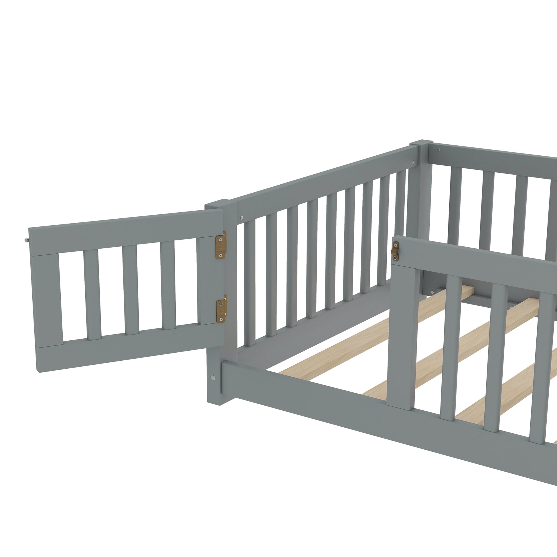 variant-group:rf-w1580p338948|Roomfitters Wooden Twin Floor Bed Frame with Door & Safety Guardrails, Low Platform Design for Bedroom or Playroom, Gray