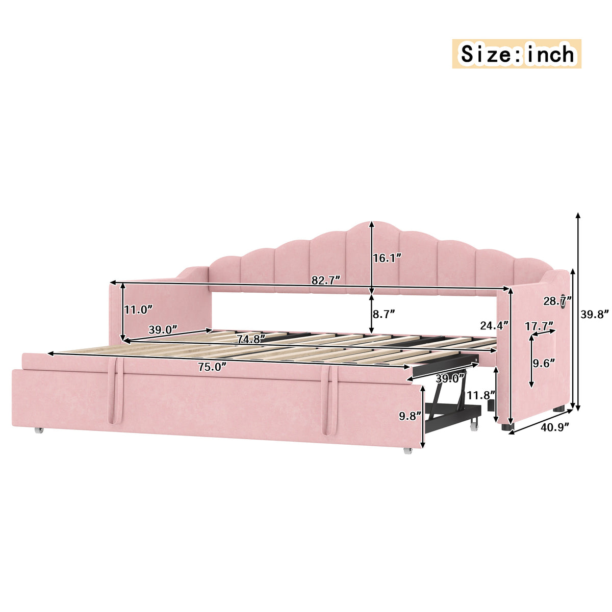 Roomfitters Upholstered Twin Size Daybed with Adjustable Pop-Up Trundle, Sofa Bed with USB & Type-C Ports and Side Pockets, Pink