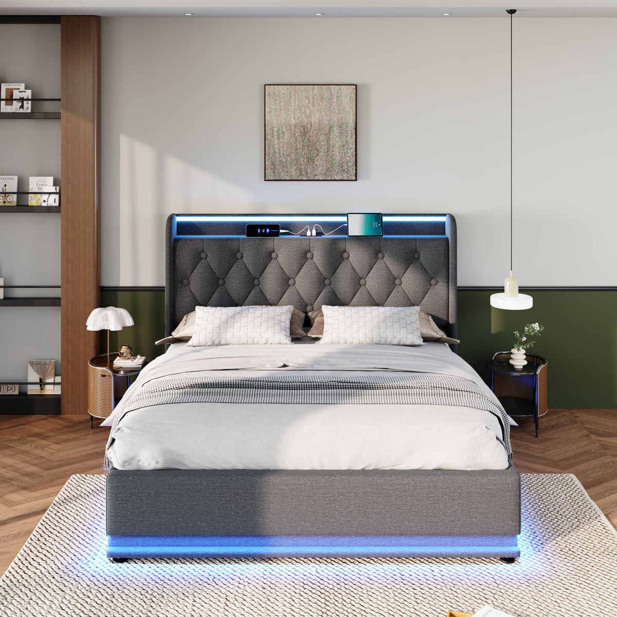 variant-group:rf-n736p188806g|Roomfitters Full Size Upholstered Storage Bed with USB Type-C Charging and Remote Control, Linen Gray