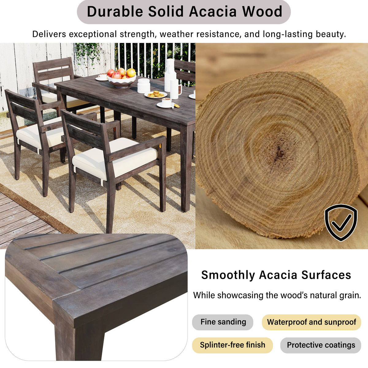 variant-group:rf-n711wy000459aae|Roomfitters 7-Piece Acacia Wood Outdoor Dining Set with Cushions, 6 Armchairs and Rectangular Table for Patio Garden, Gray