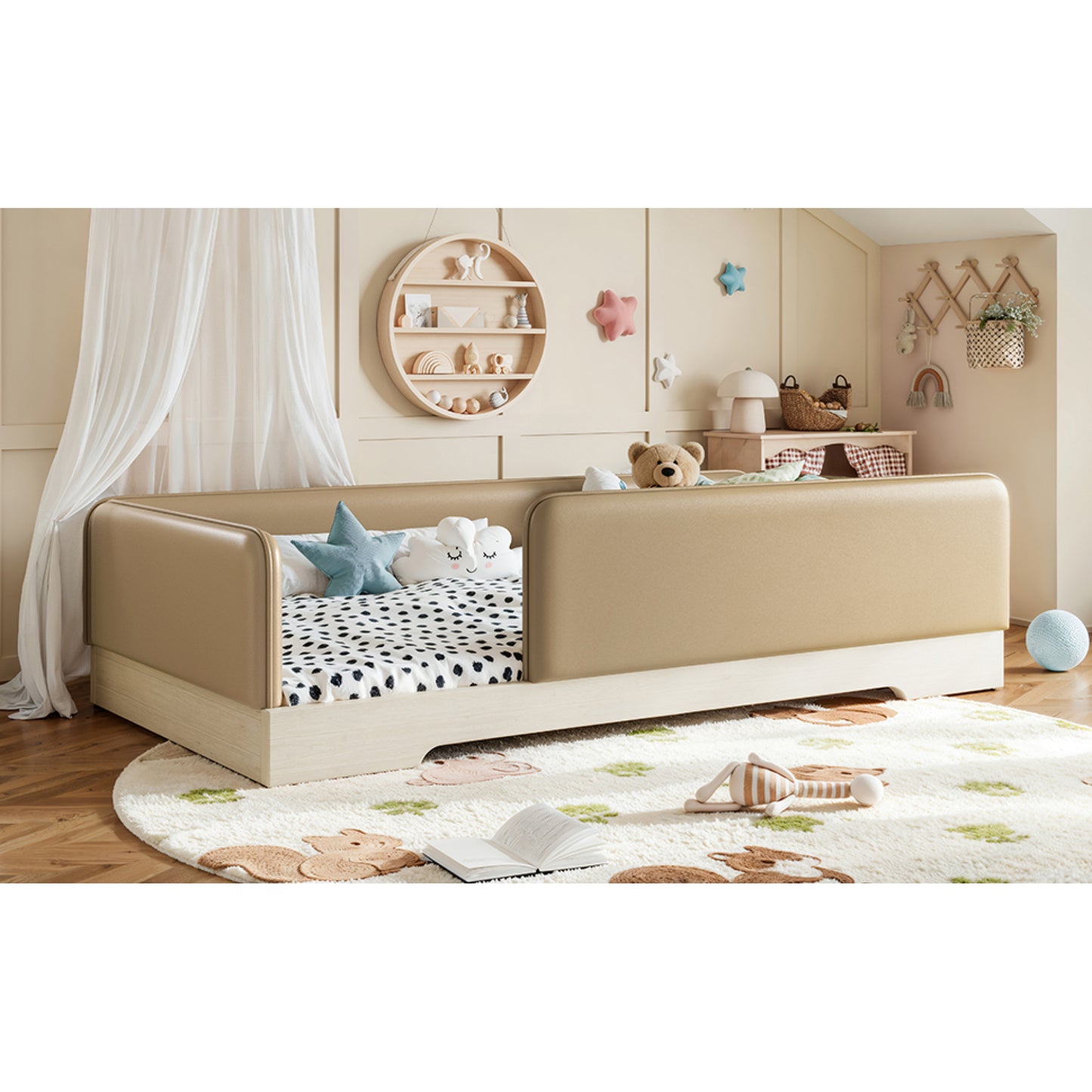 variant-group:rf-w1580p493126|Roomfitters Twin Size Upholstered Floor Bed Frame with Removable Guardrails, Faux Leather Low Profile Platform, Brown