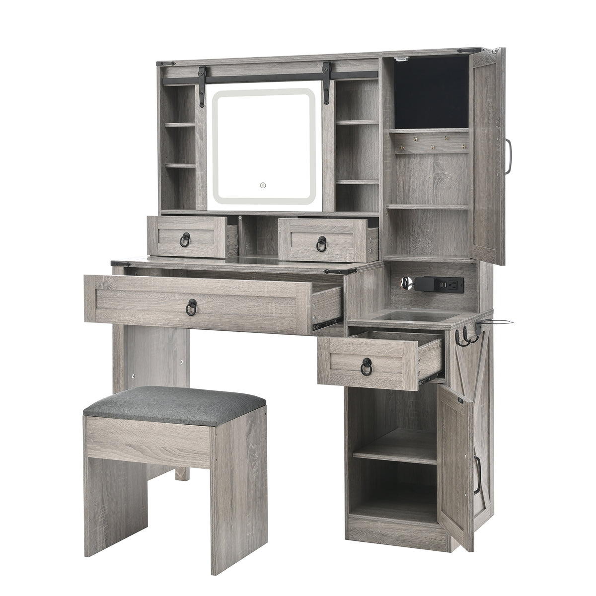 variant-group:rf-n733p340562g|Roomfitters Farmhouse Vanity Desk with Sliding Mirror & Lights, Glass Top, Charging Station, 4 Drawers, 2 Cabinets, Stool, Gray