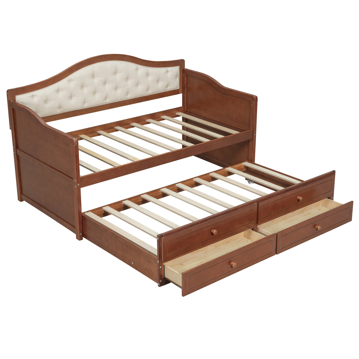 variant-group:rf-n733s346767d|Roomfitters Twin Daybed with Trundle, Wooden Sofa Bed with 2 Storage Drawers & Tufted Backrest, Walnut