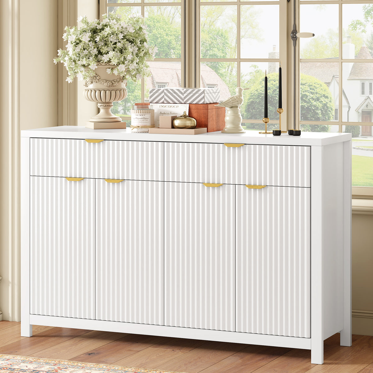 variant-group:rf-n711p269068k|Roomfitters Modern Sideboard Cabinet, Wave Pattern Storage Buffet with Adjustable Shelves, Accent Console, White