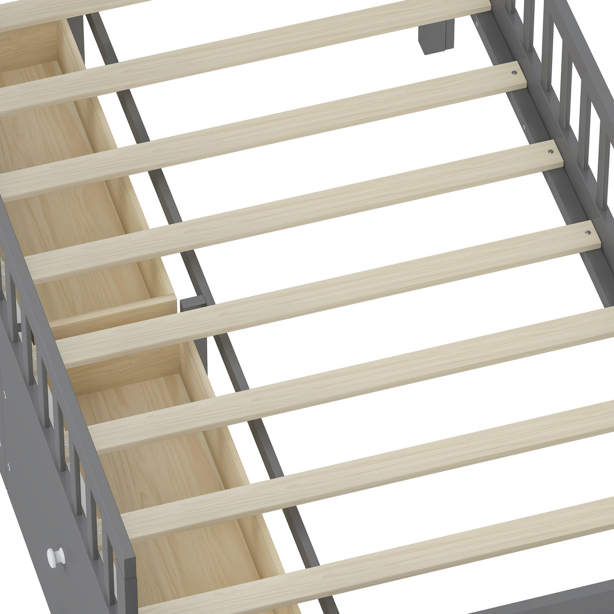 variant-group:rf-n733s278032e|Roomfitters Twin Platform Bed Frame with Four Drawers, Wooden Kids Bed with Guardrail Headboard and Ladder, Gray