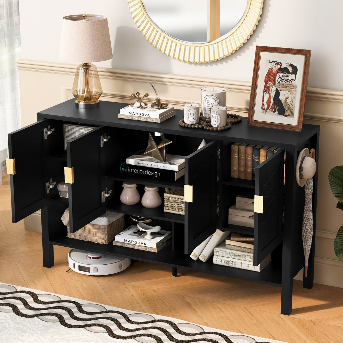 variant-group:rf-n711p345165b|Roomfitters Sideboard Buffet Cabinet with 4 Door Mid-century Modern Geometric Storage and Open Shelf for Kitchen & Dining, Black