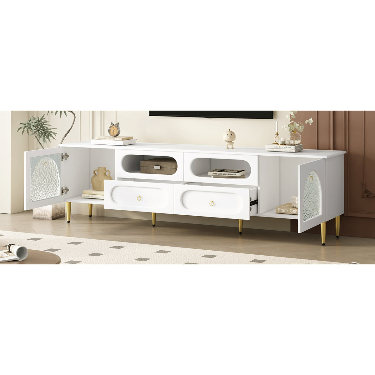 Roomfitters Retro TV Stand for up to 85 Inch TV, Media Console Cabinet with Drawers, Cabinets and Metal Legs, White Roomfitters