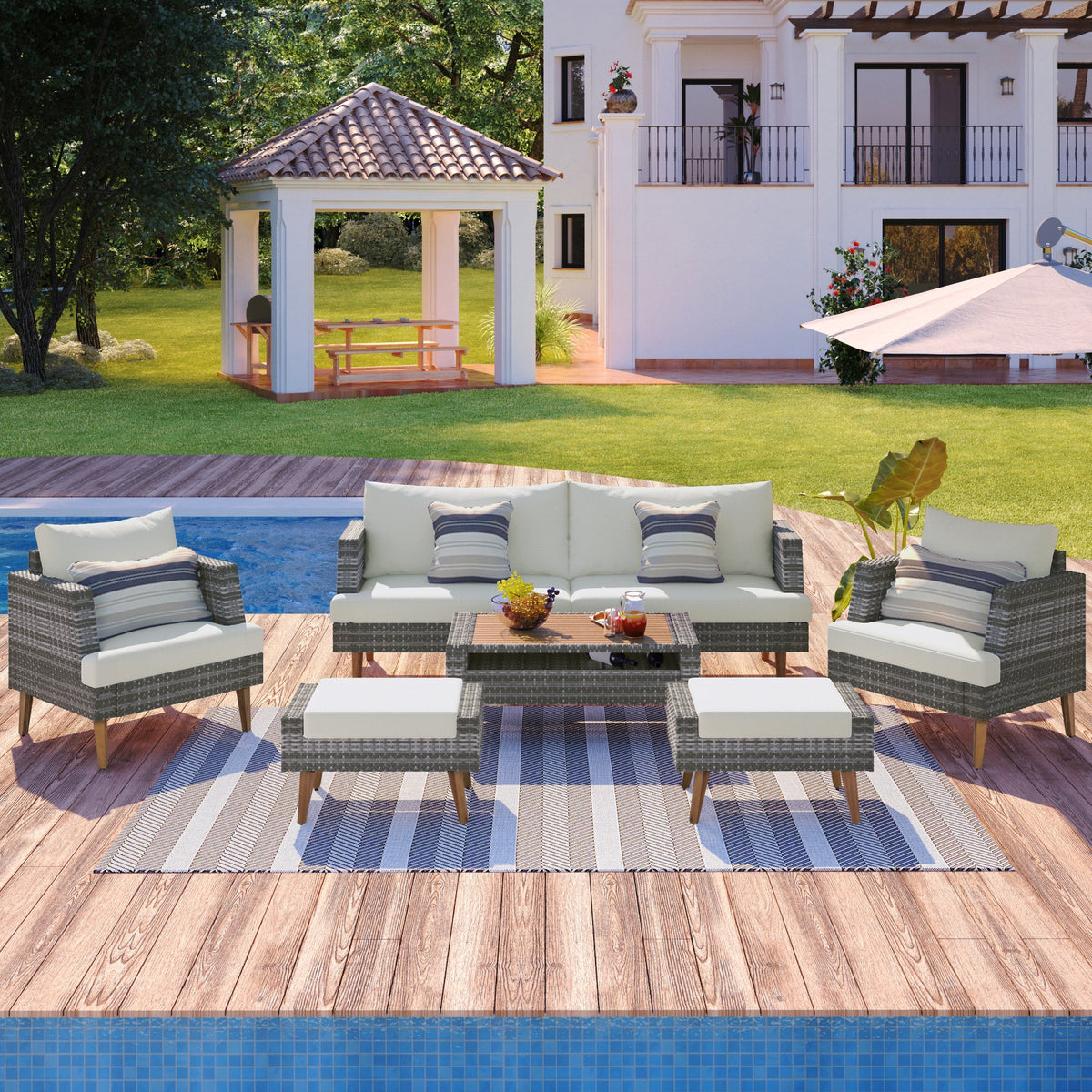 Roomfitters 6-Piece Outdoor Patio Furniture Set with Wicker Sofa, Armchairs, Ottomans and Coffee Table, Wood Legs, Gray+Beige Roomfitters