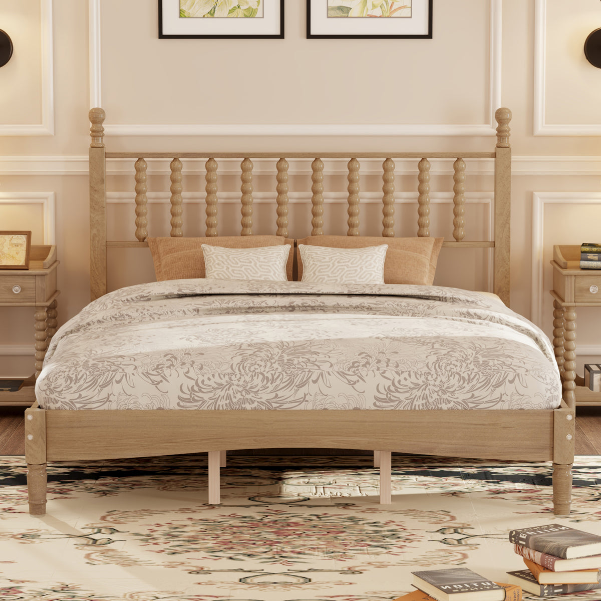 variant-group:rf-n733p206242m|Roomfitters Queen Size Wood Platform Bed with Gourd Shaped Headboard, Retro Style Platform Bed with Wooden Slat Support, Natural