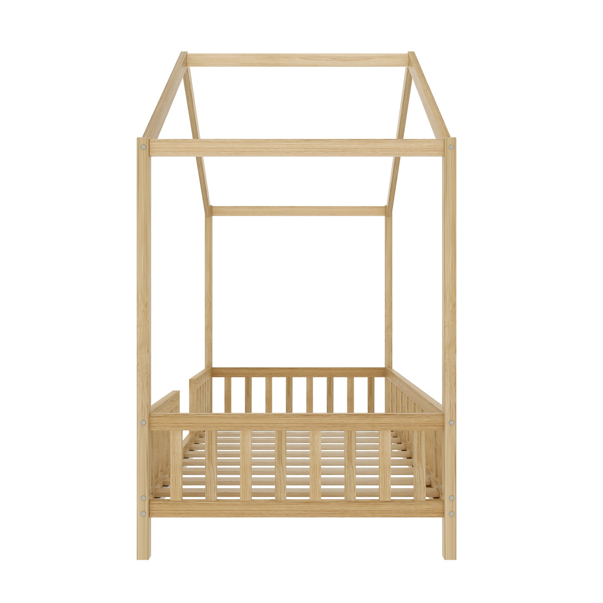 variant-group:rf-n733p356043m|Roomfitters Twin Montessori Floor Bed with Canopy, House Shape Wood Frame with Safety Rails, Youth Platform Bed, Natural