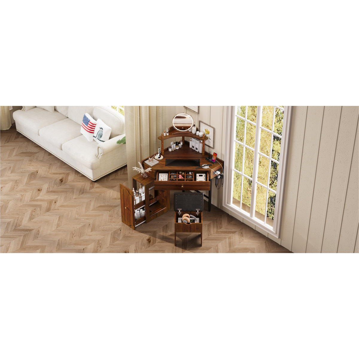 variant-group:rf-n733p336237d|Roomfitters Corner Vanity Desk Set with Stool, Charging Station, Glass Top, Drawer, Shelf, Pull-Out Cabinet, Walnut