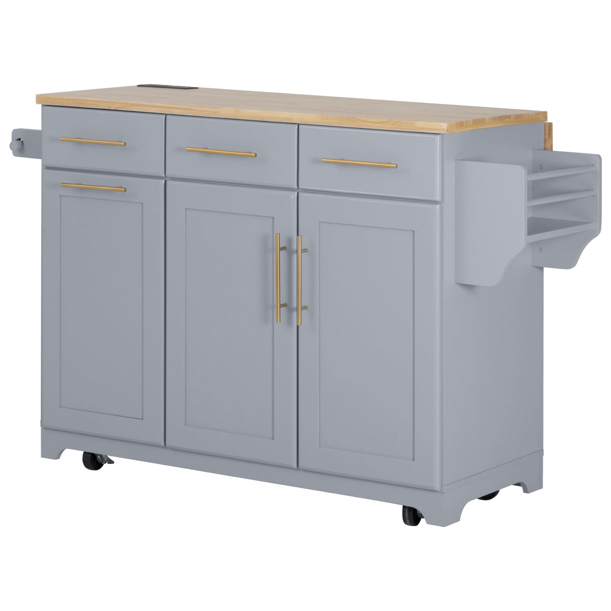 variant-group:rf-n707s299014g|Roomfitters 59.3" Kitchen Island with Power Outlet, Drop Leaf and Double Trash Can Pull Out, Rolling Cart, Grey+Blue