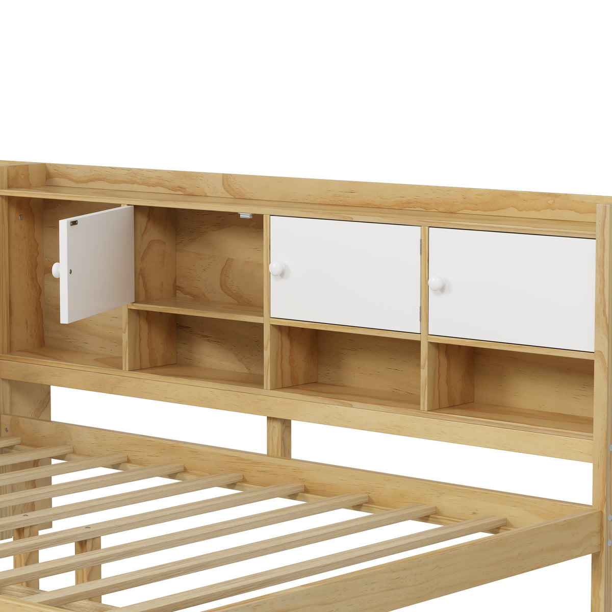 Roomfitters Wooden L-Shape Daybed with Seven Storage Cabinets and Two Storage Compartments, Multi-functional Bed with Study Desk and Built-in Bookshelf, Natural+White