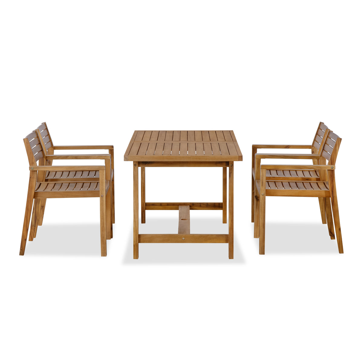 variant-group:rf-n711wy000477aao|Roomfitters Farmhouse 5-Piece Outdoor Dining Set for 4, 59-Inch Rectangular Table, Umbrella Hole, Natural Wood Patio