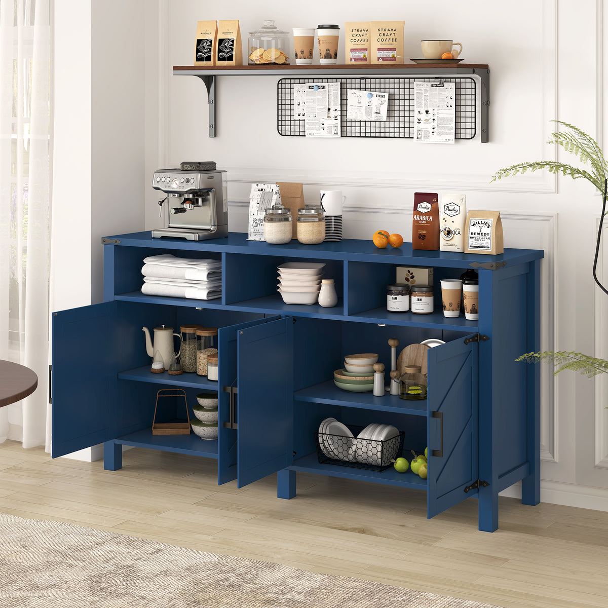 variant-group:rf-n711p347407v|Roomfitters 59" Sideboard Buffet Cabinet with 4 Door & Open Storage, Modern Farmhouse Industrial Coffee Bar Station, Navy Blue