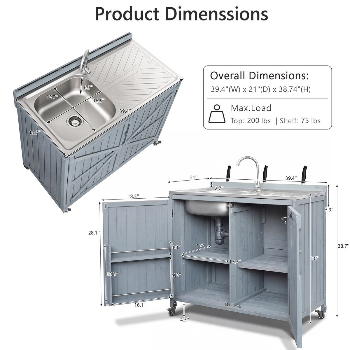variant-group:rf-n707s000024g|Roomfitters 2-Piece Outdoor Grill Cart with Stainless Steel Top, Sink and Faucet, BBQ Prep Station, Grey+Blue