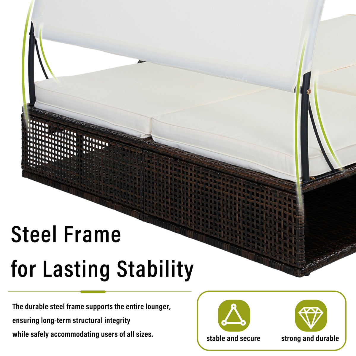 variant-group:rf-n711wy000485aaa|Roomfitters Beige HDPE Wicker Outdoor Double Sunbed, Steel Frame Patio Chaise, Hidden Side Tables, Canopy Shade
