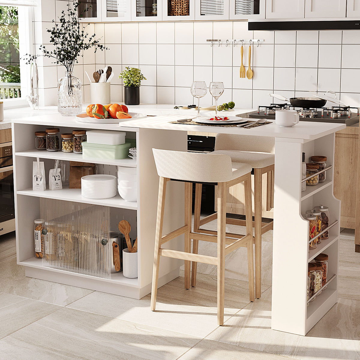 variant-group:rf-n711p437809k|Roomfitters White MDF Counter Height Kitchen Island Sideboard Cabinet, Extendable Table, Acrylic Sliding Doors