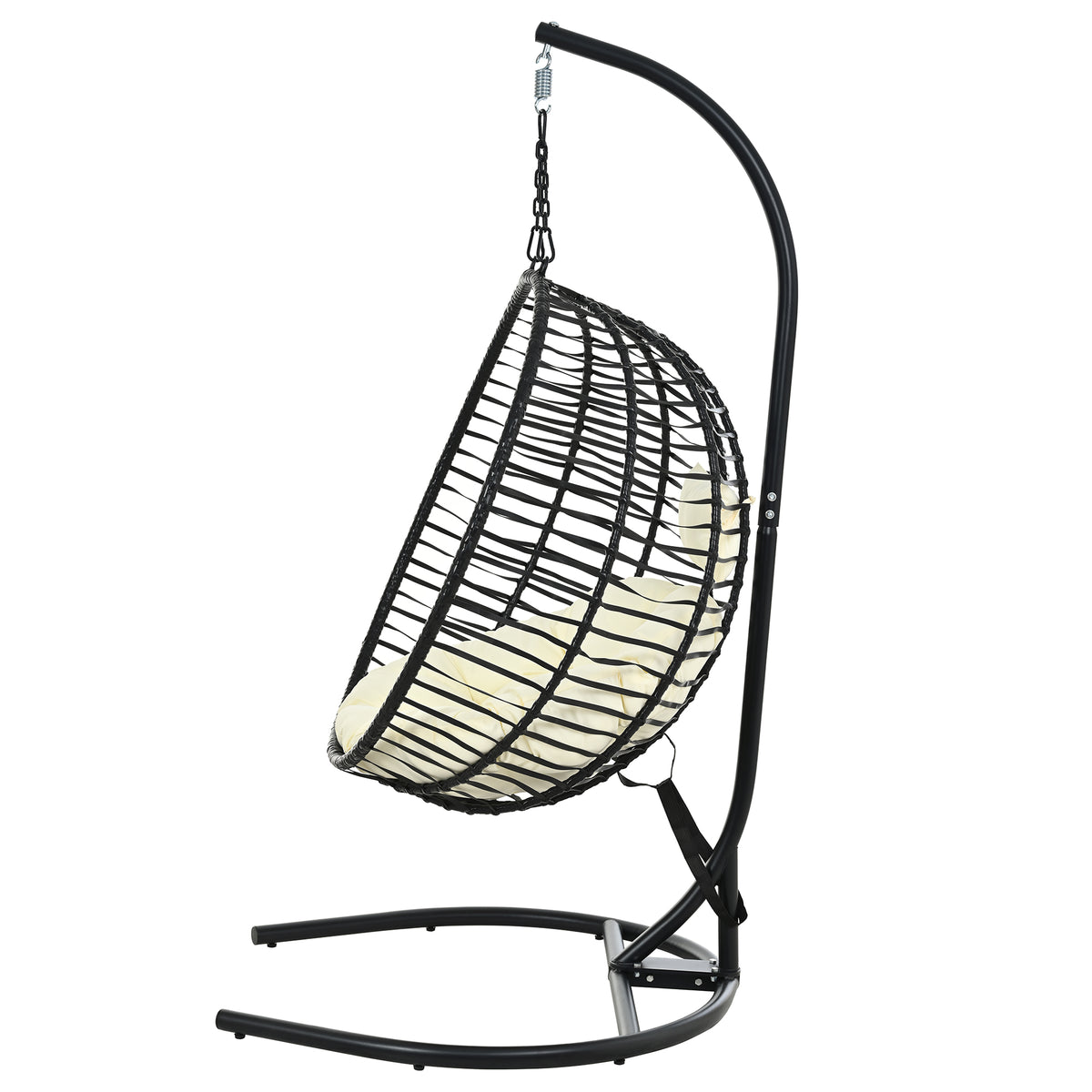 variant-group:rf-n711p389503a|Roomfitters Single Person Folding Egg Chair with Stand, UV Resistant Wicker Rattan Swing for Patio, Garden, Black+Beige