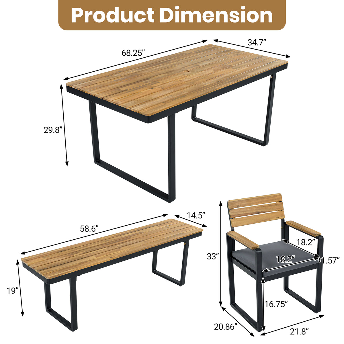 variant-group:rf-n704g201255e|Roomfitters 6-Piece Solid Acacia Wood Patio Dining Set with Steel Frames and Cushion Chairs Gray