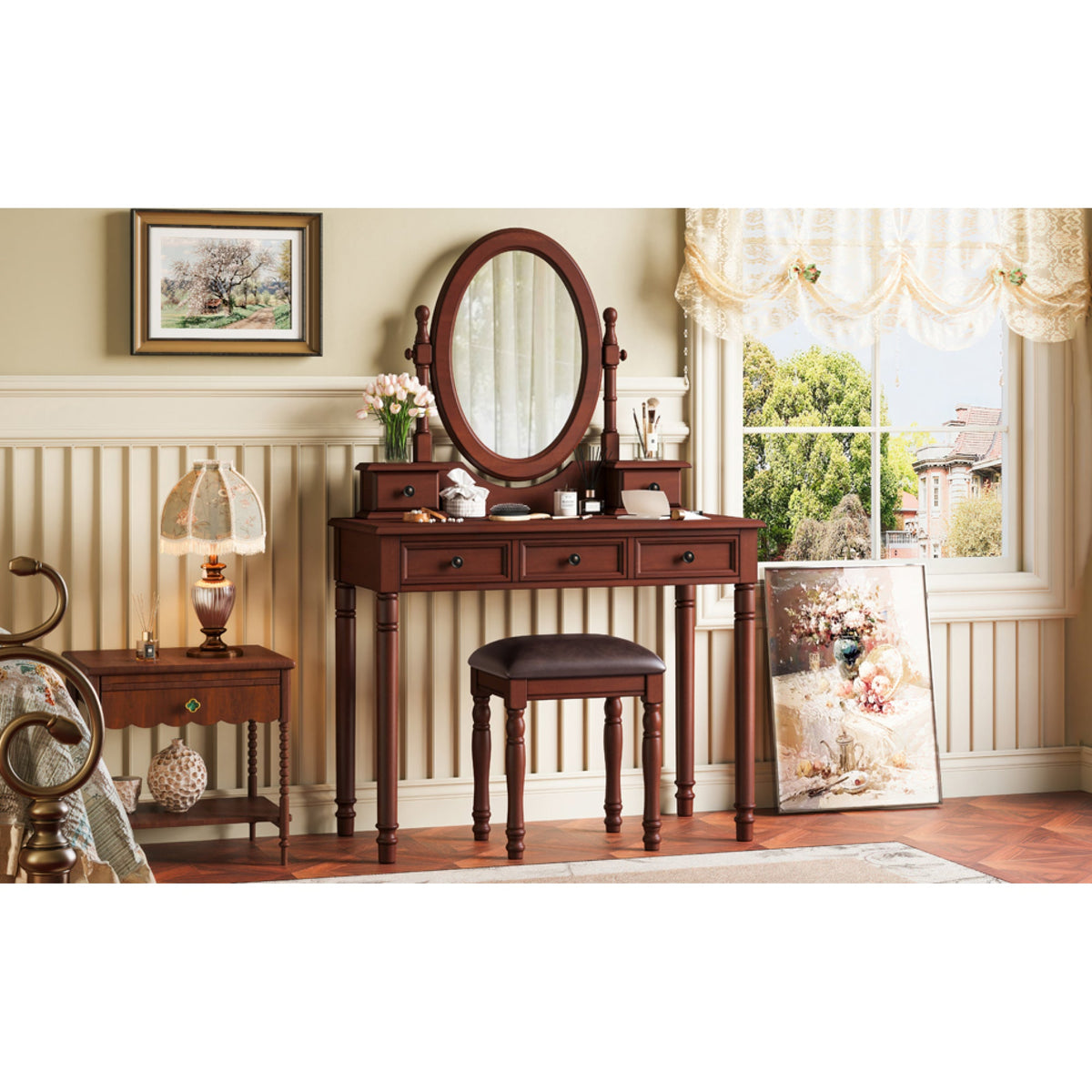 Roomfitters Vintage Vanity Desk with Adjustable Mirror, Makeup Table and Cushioned Stool Set, Wooden Dressing Table with 5 Drawers and Velvet Lining, Walnut