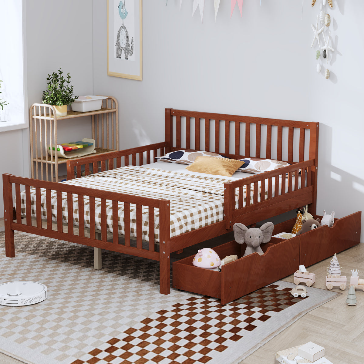 variant-group:rf-n733p172700d|Roomfitters Full Size Wood Platform Bed with Guardrails and 2 Storage Drawers, Walnut