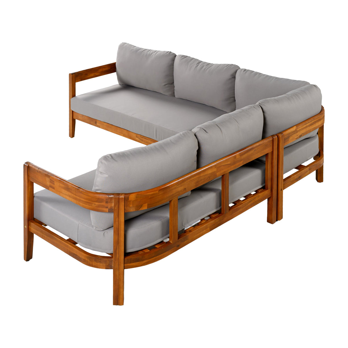 Roomfitters Modern Contemporary Slate Grey Solid Acacia Wood L-Shaped Outdoor Patio Sectional Sofa Conversation Seating Set Roomfitters
