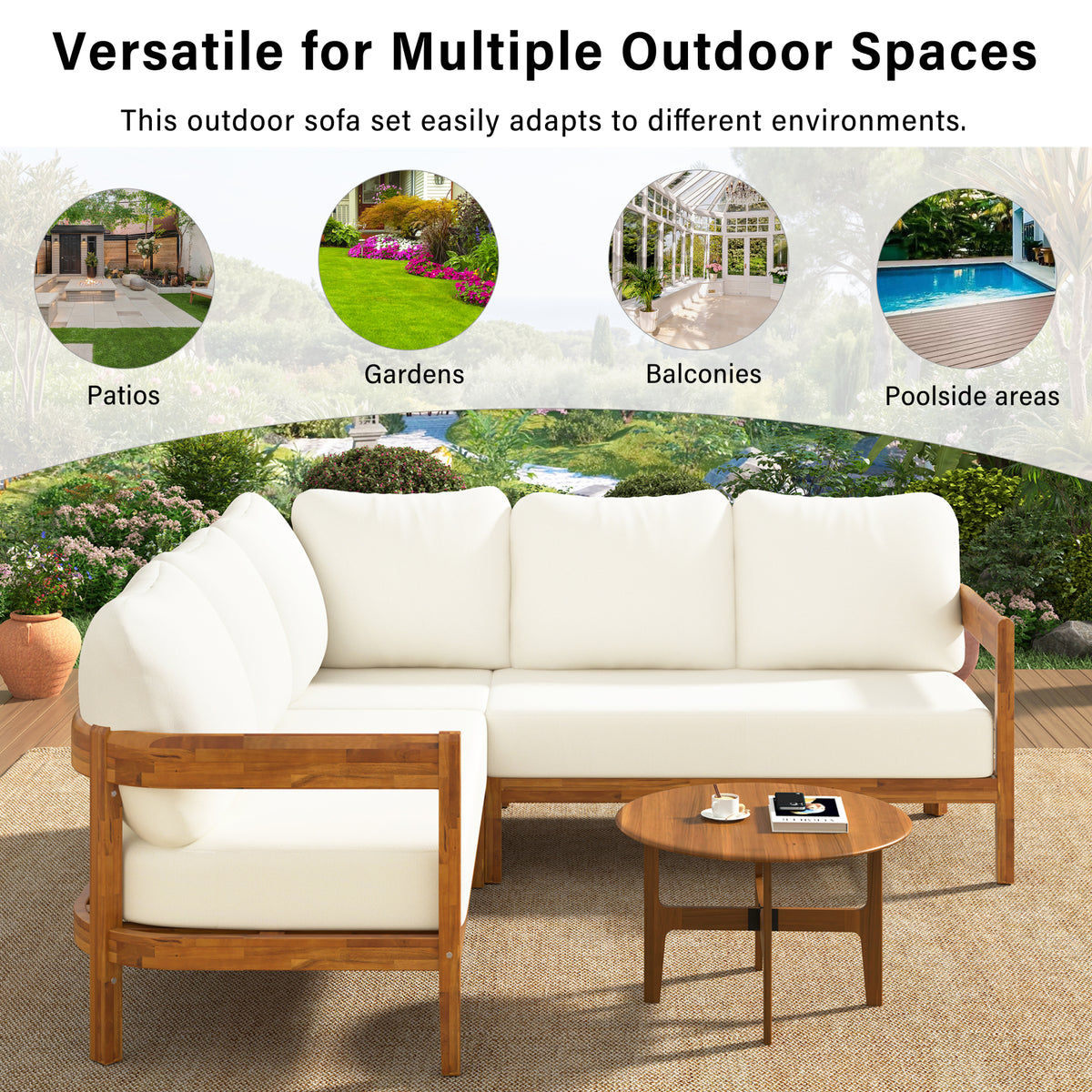 variant-group:rf-n711wy000481aaa|Roomfitters Modern Coastal White Solid Acacia Wood L-Shaped Outdoor Patio Sectional Sofa Conversation Seating Set