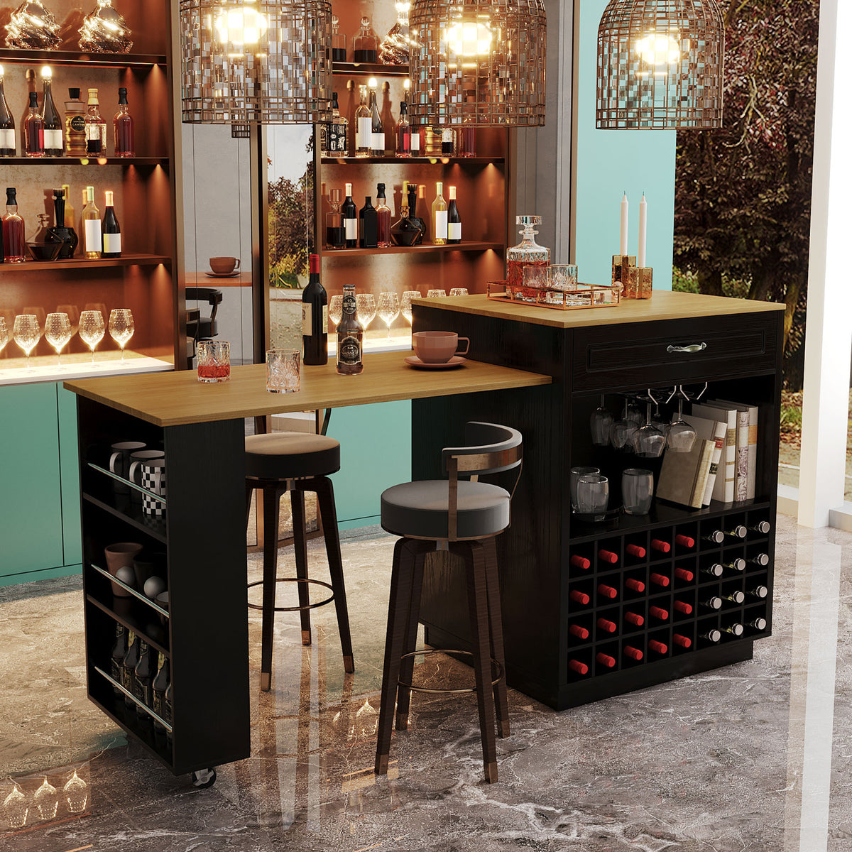 variant-group:rf-n711wy000493aab|Roomfitters Black and Natural Wood MDF Extendable Bar Cabinet, Rolling Kitchen Island Table, Wine Rack Storage