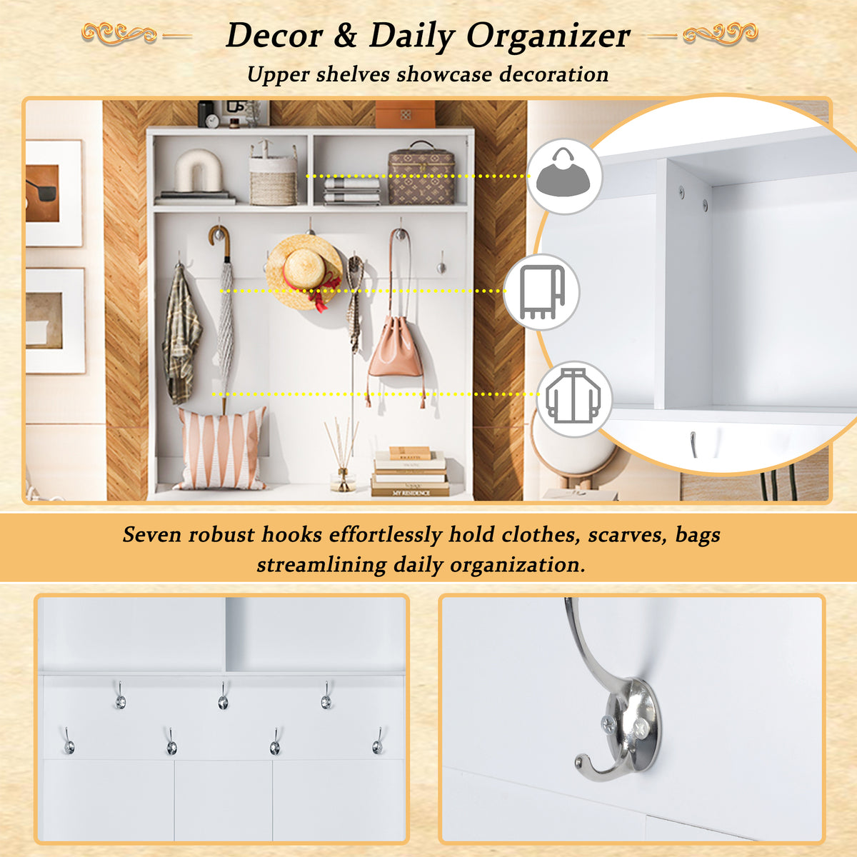 variant-group:rf-n724p264668k|Roomfitters 3-in-1 Entryway Bench with Coat Rack, Adjustable Shelves and 7 Hooks, 43.3" Hall Tree for Entrance or Living Room, White