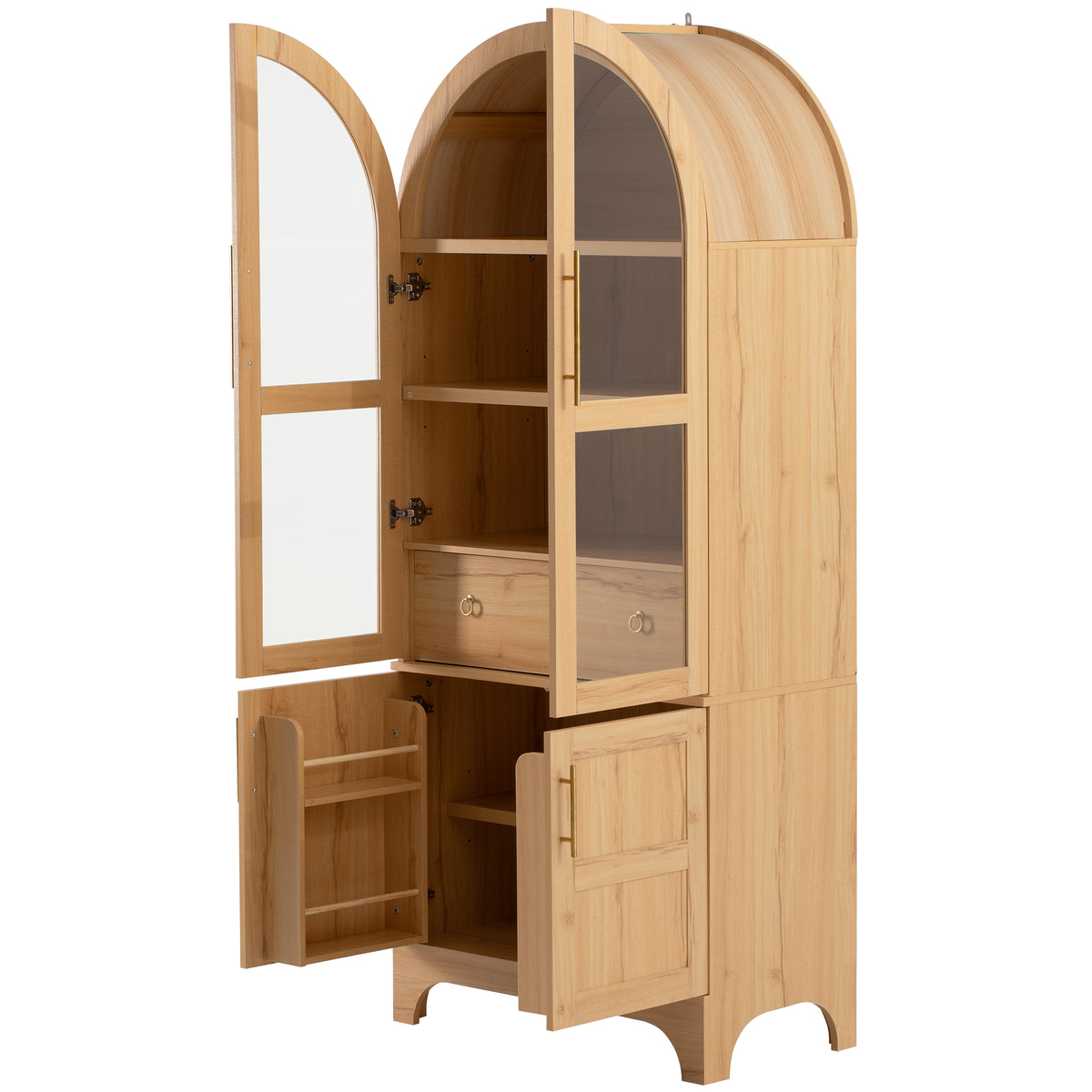 variant-group:rf-n707s288969y|Roomfitters 71" Pantry Cabinet with Arched Top & Glass Doors, 4-Door Storage Hutch with Adjustable Shelves for Kitchen, Natural