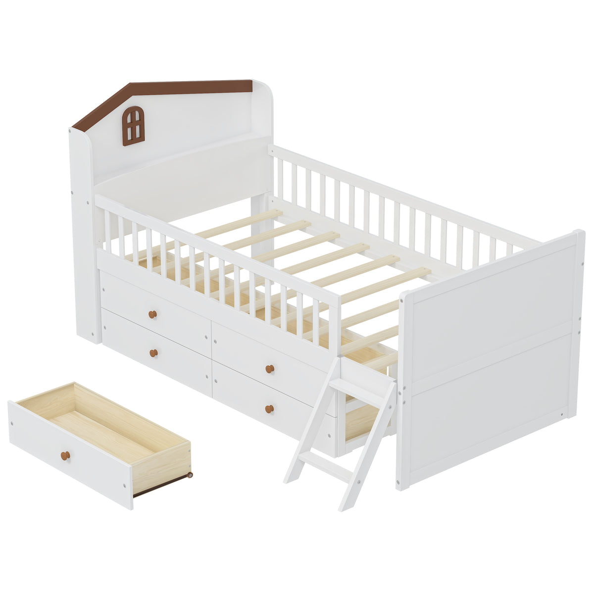 variant-group:rf-n733s278032k|Roomfitters Twin Platform Bed Frame with Four Drawers, Wooden Kids Bed with Guardrail Headboard and Ladder, White
