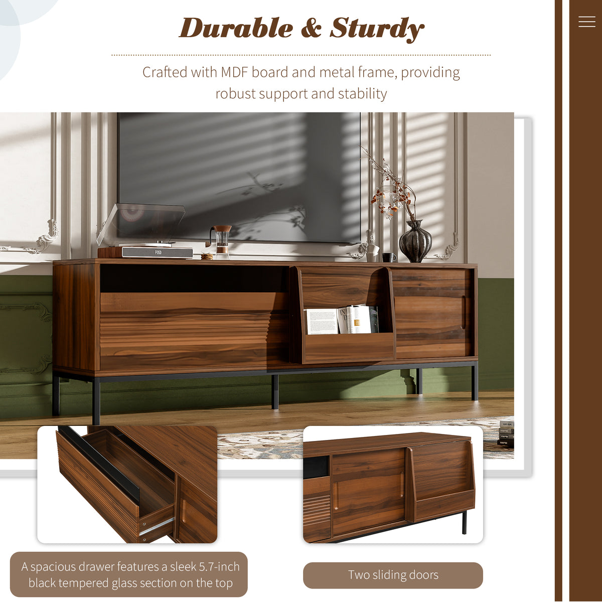 variant-group:rf-n724p360370d|Roomfitters Mid-Century Modern 70" TV Stand Console with Sliding Doors, Brown