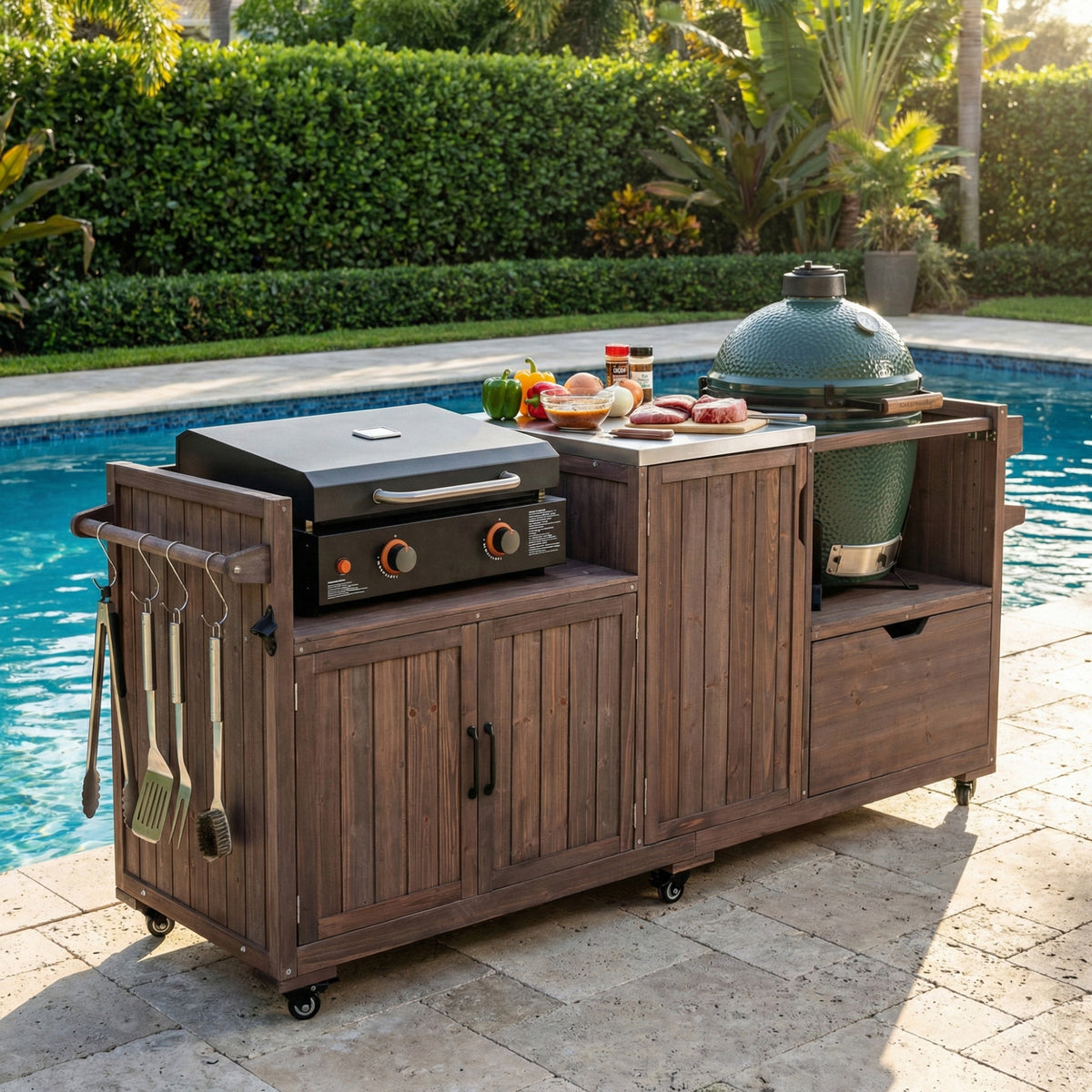 variant-group:rf-n707p392140z|Roomfitters 80.5" Extra Large Grill Cart, Outdoor Kitchen Prep Station with Stainless Steel Top & Kamado Grill Stand, Dark Brown