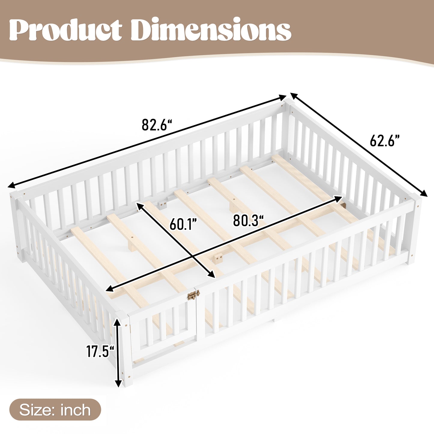 variant-group:rf-w1580p462324|Roomfitters Queen Size Wooden Floor Bed Frame with Safety Guardrails Door, Solid Wood Low Profile Toddler Play Bed, White