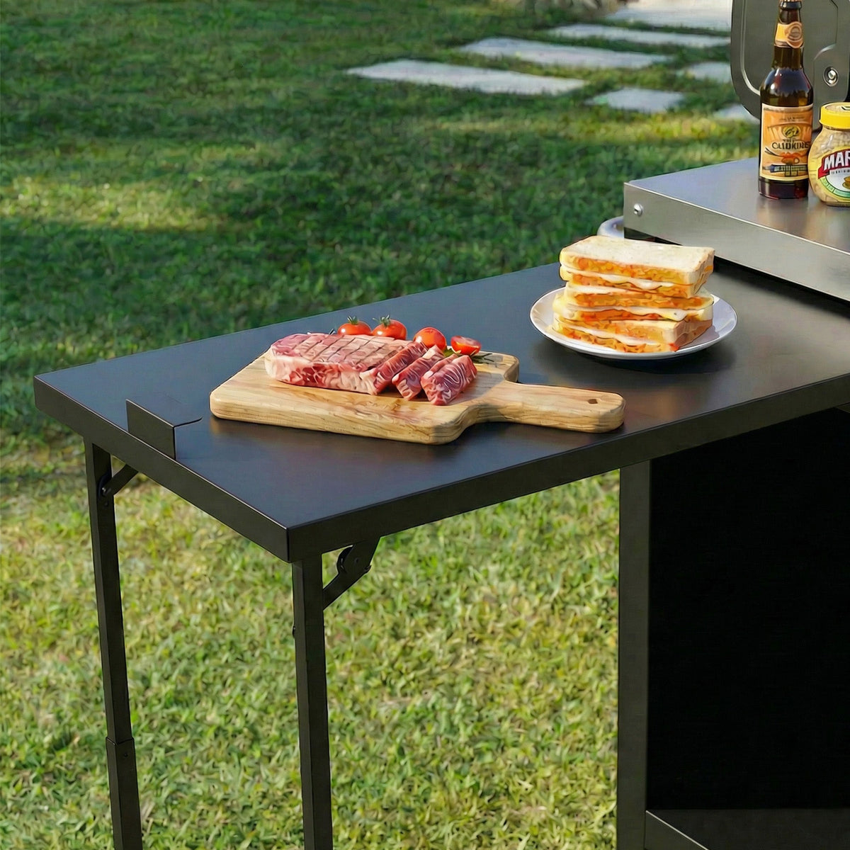 Roomfitters 72.4"W Extra Large Grill Cart, Outdoor Kitchen Prep Station with Stainless Steel Top and Folding Side Table, Black