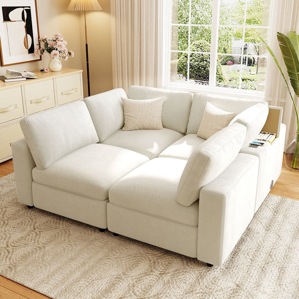 Roomfitters 133.5" Upholstered Modular Sectional Sofa with Storage Space and Built-in USB Charging for Living Room, Beige Roomfitters