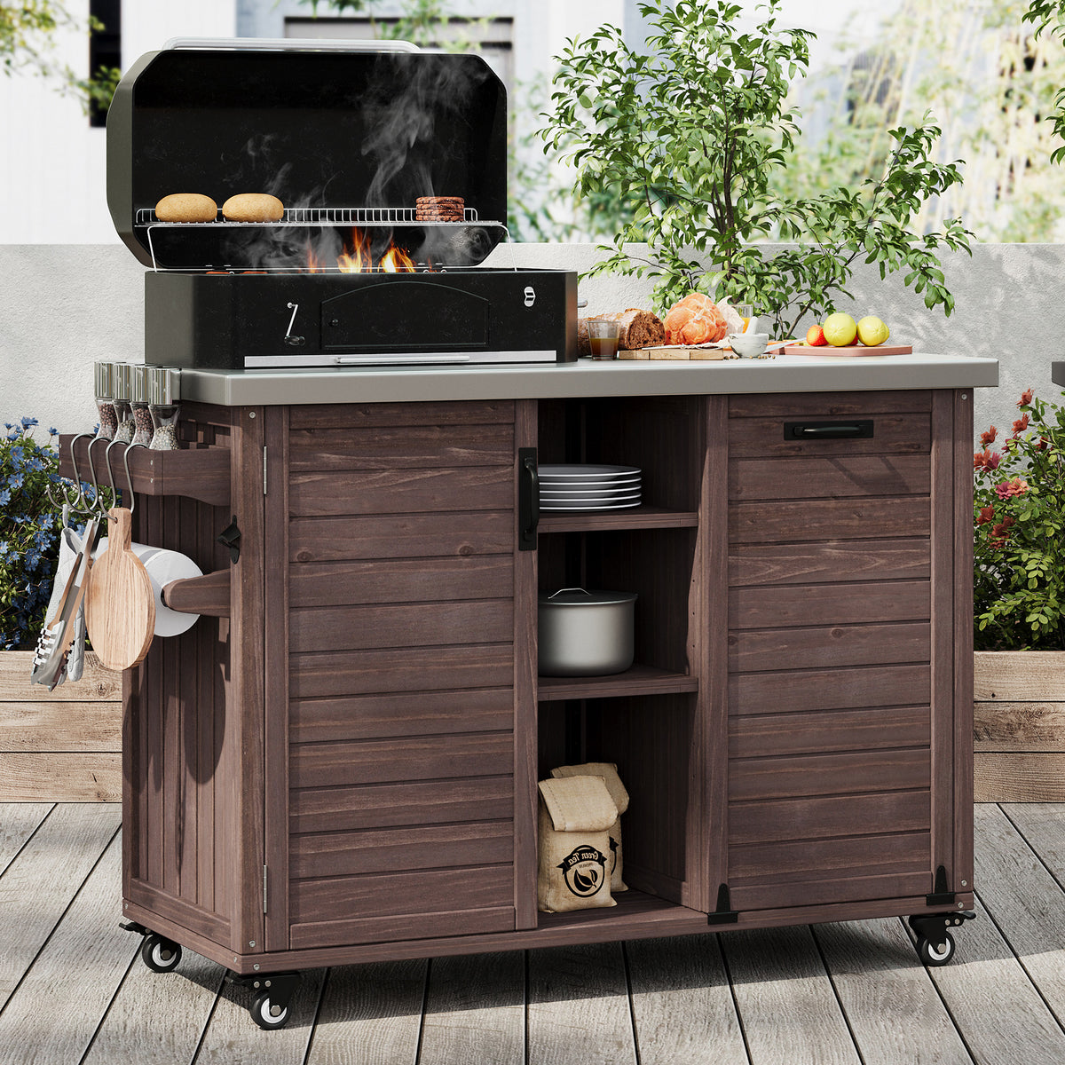 variant-group:rf-n707p370276z|Roomfitters 78.3" Outdoor Kitchen Island with Foldable Grill Table, Stainless Steel Top & Tilt Trash Can Storage, Dark Brown
