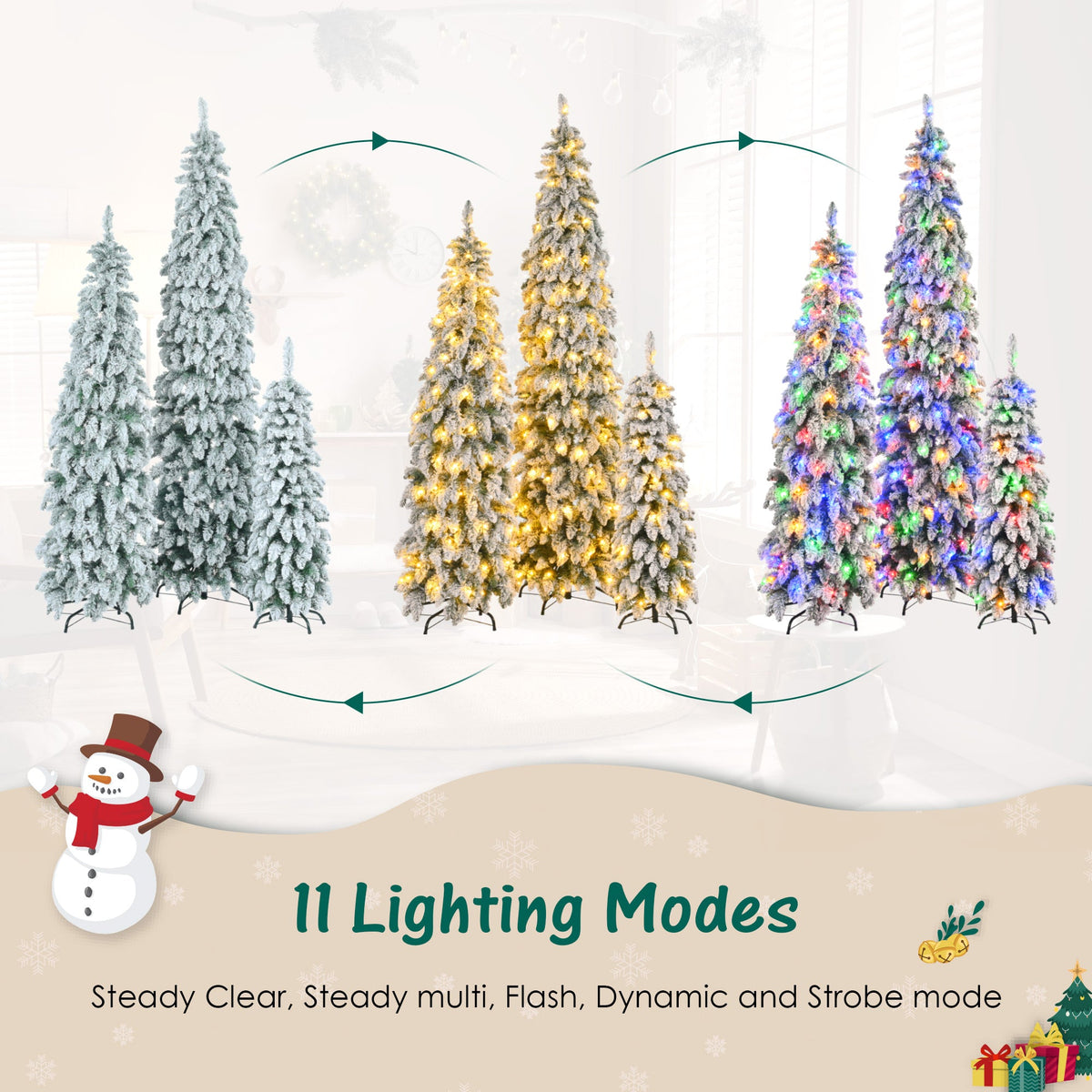 Roomfitters Pre-Lit Pencil Christmas Tree Set 8FT 6FT 4FT, Slim Snow-Flocked Artificial Trees with 1455 Tips, White Roomfitters