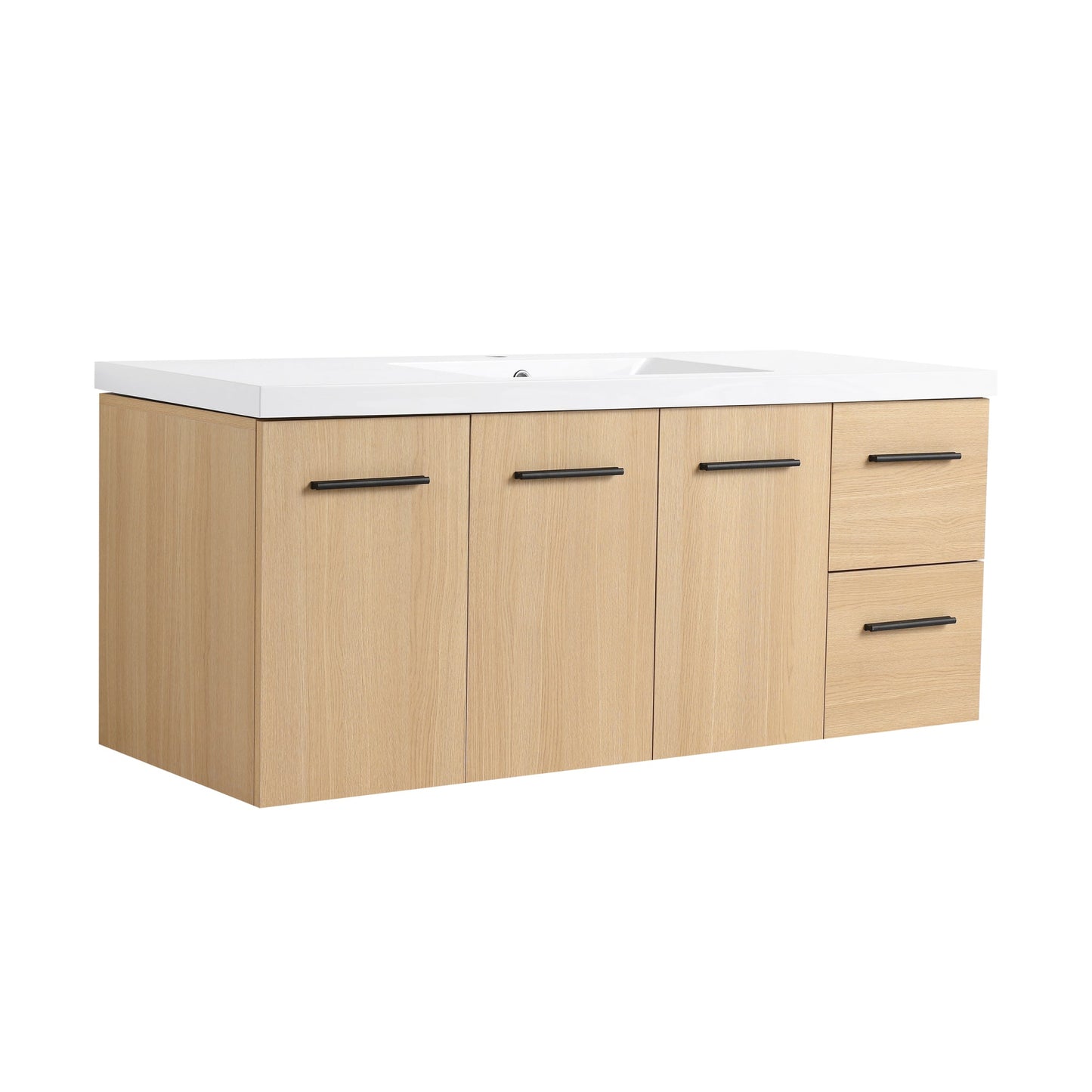 48" Light Oak Floating Bathroom Vanity with Sink, Modular 3-Piece Cabinet (2-Door + 1-Door + 2-Drawer), Gel-Coat Integrated Sink Top, Wall-Mounted, 4 Packages Roomfitters