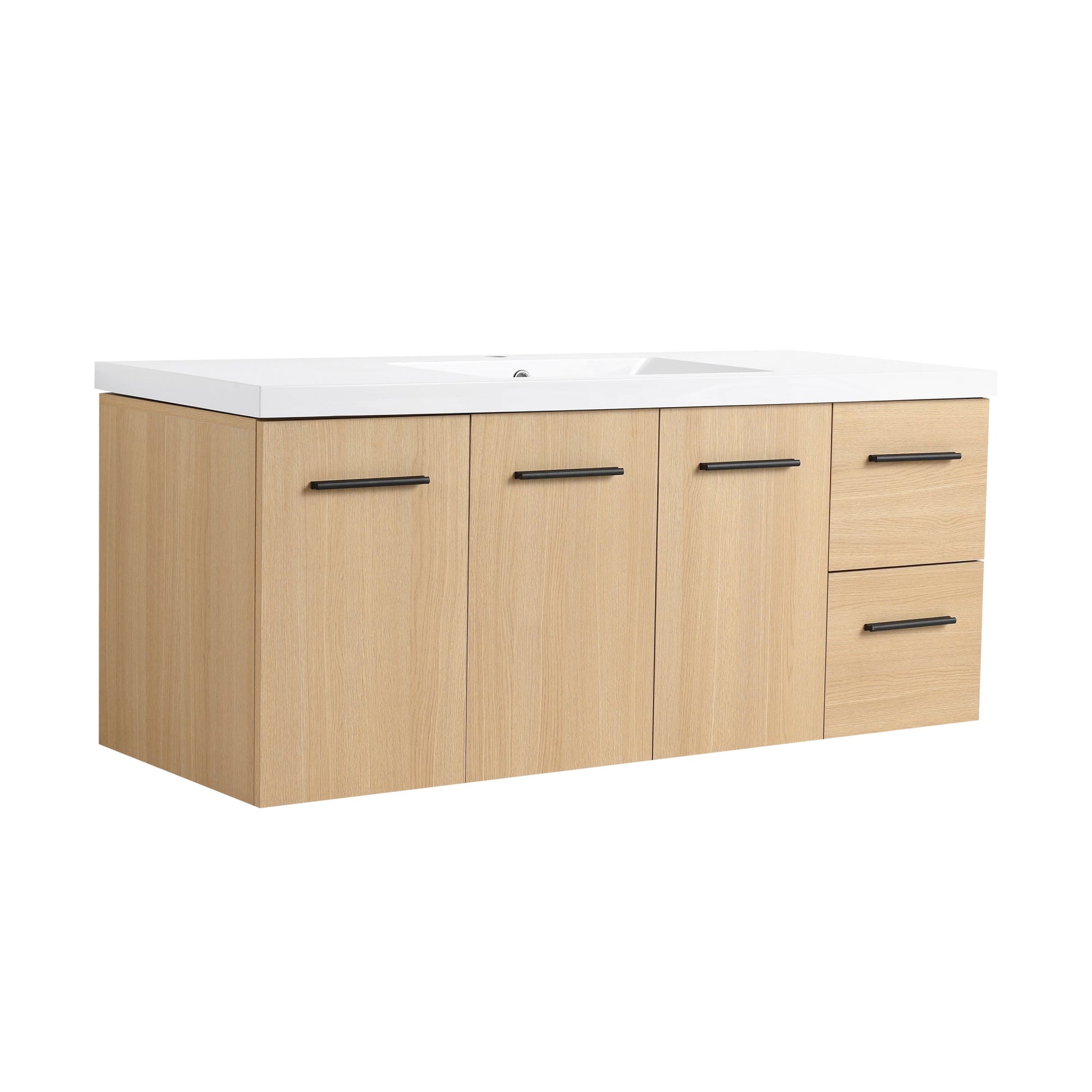 48" Light Oak Floating Bathroom Vanity with Sink, Modular 3-Piece Cabinet (2-Door + 1-Door + 2-Drawer), Gel-Coat Integrated Sink Top, Wall-Mounted, 4 Packages Roomfitters