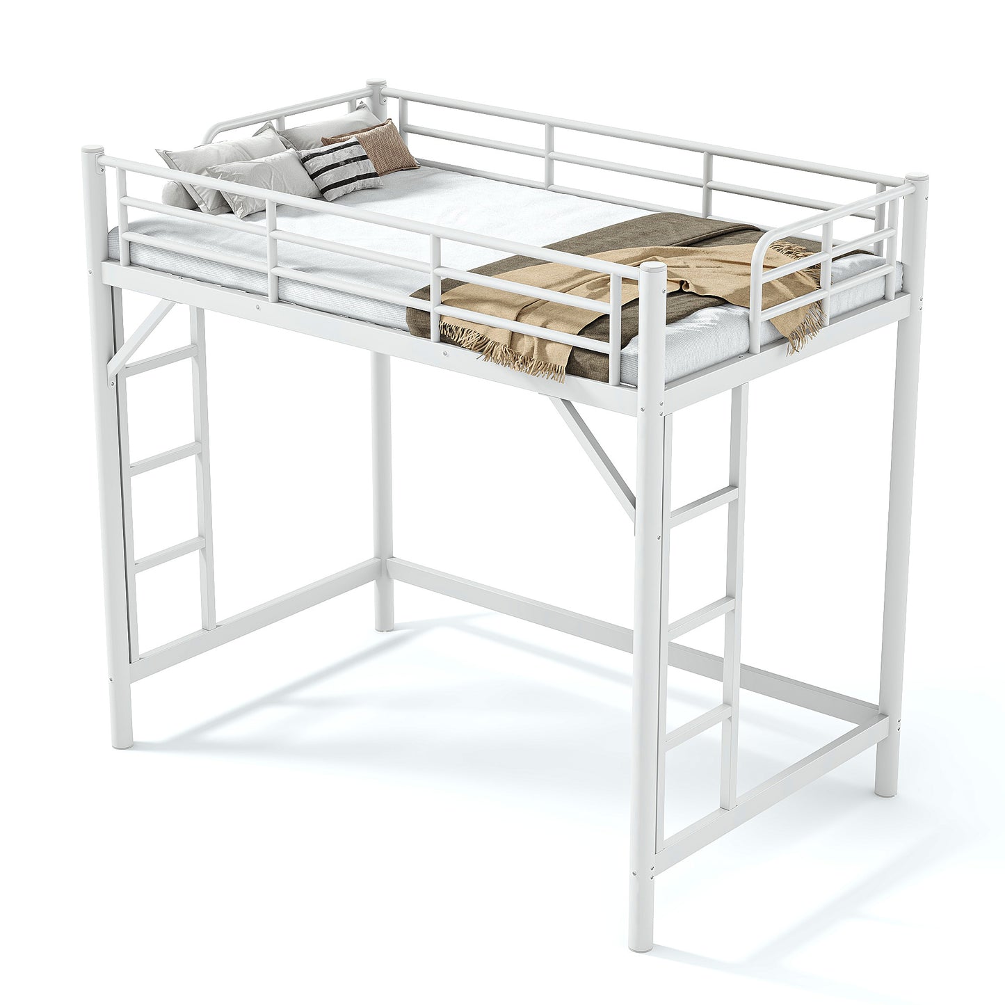 variant-group:rf-w1580p455012|Roomfitters Twin Size Metal Loft Bed Frame with Guardrails, Heavy Duty Space Saving High Loft Bed Dual Ladders, White
